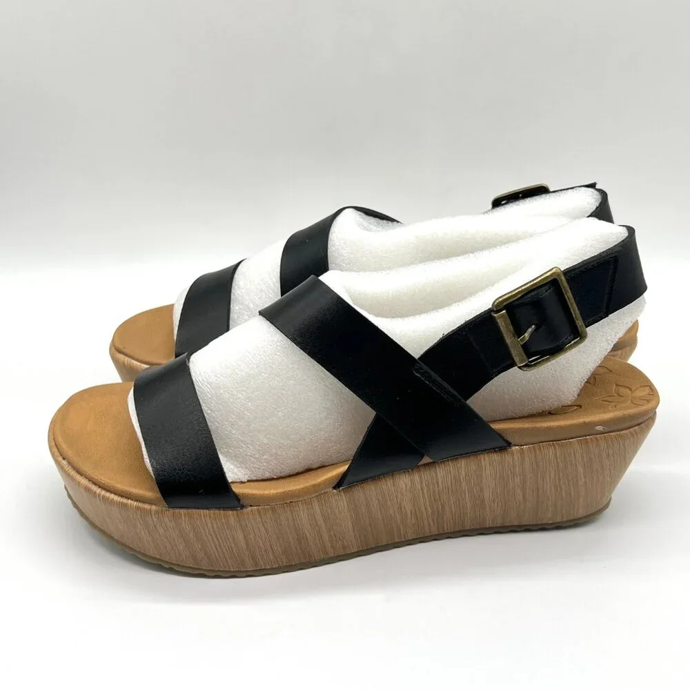 Skechers Womens Size 7.5‎ Black Vegan Leather Platform Sandals Shoes